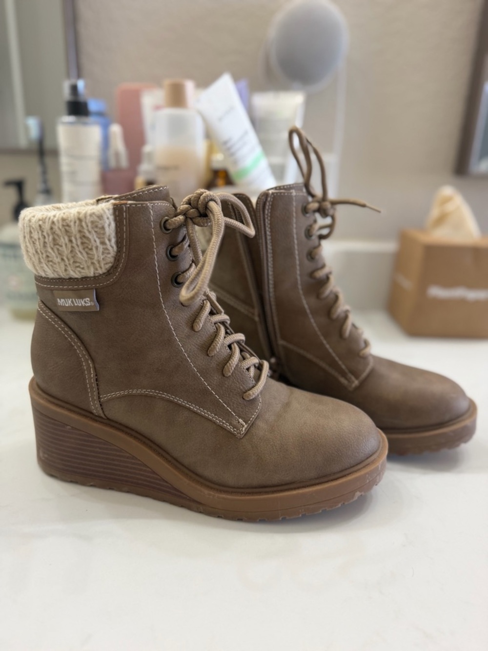 Muk Luks Taupe Brown Lace-Up Wedge Ankle Boots with Knit Collar